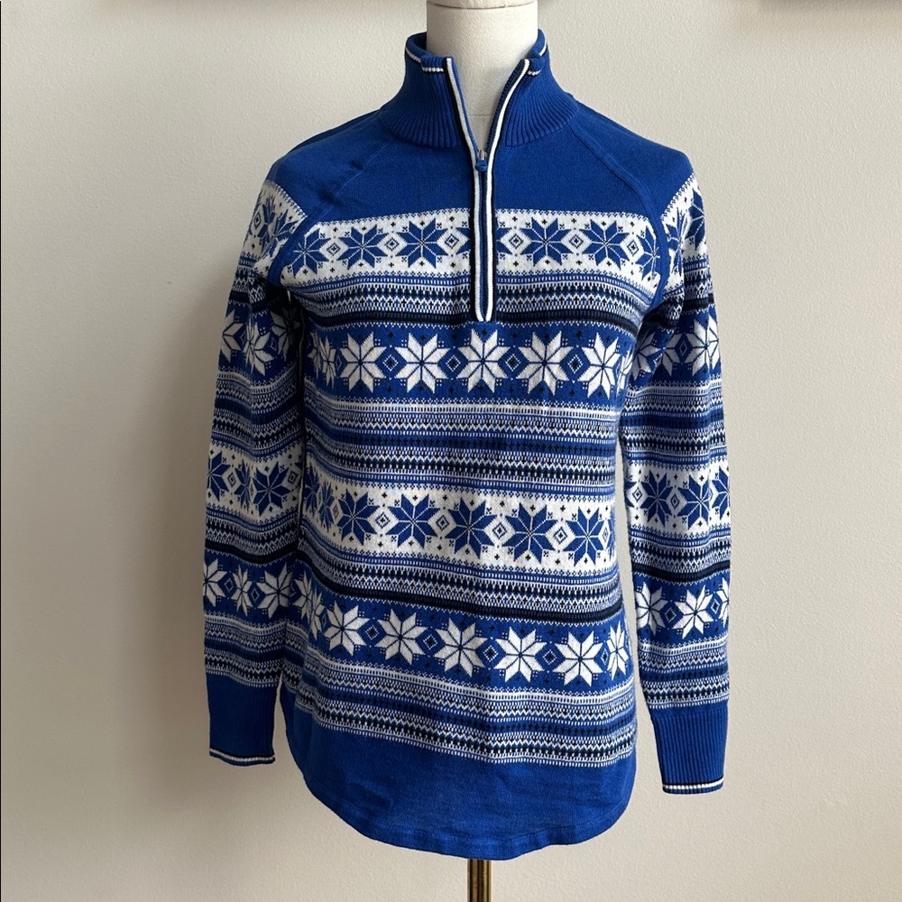 Talbots Womens Snowflake Stripe Ski Sweater Preppy Winter Top SP Blue White